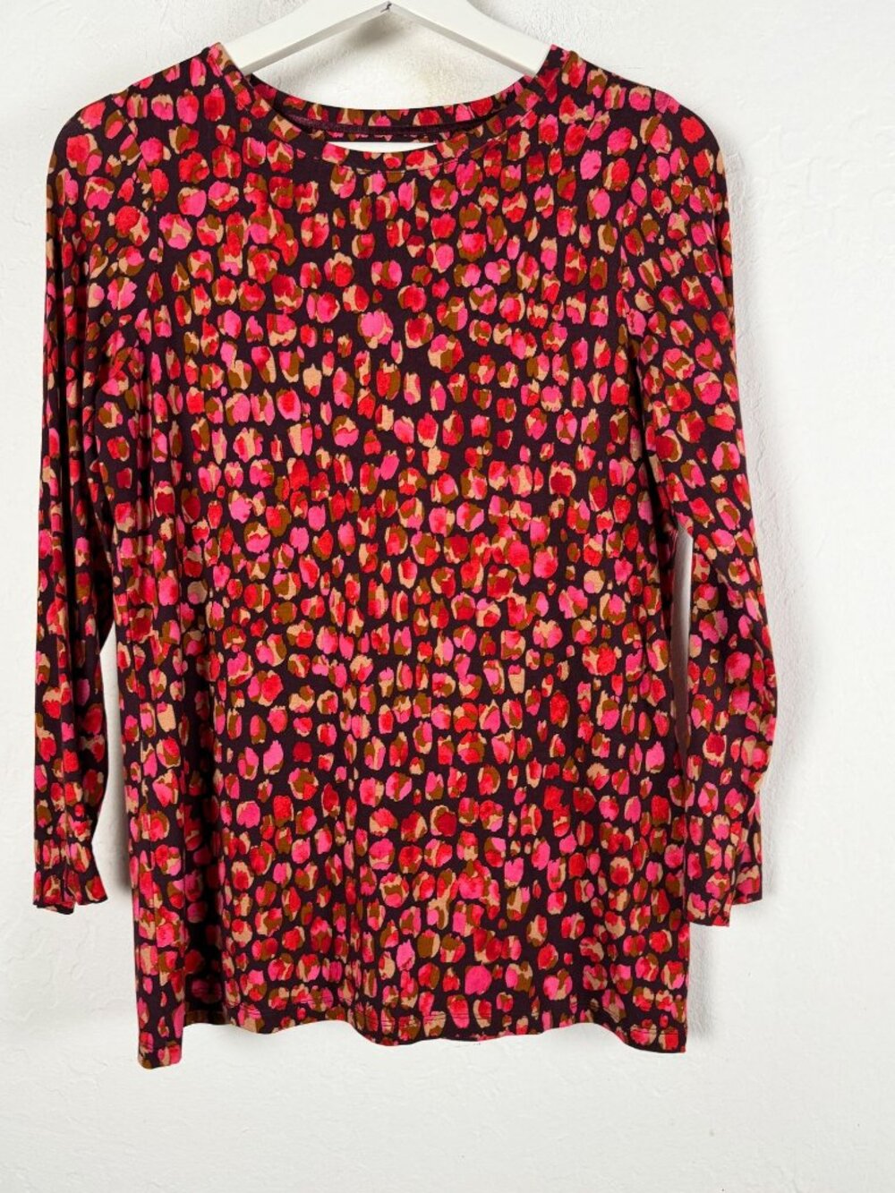 Chico's Pink Abstract Leopard Animal Print Long Sleeve Knit Top Size 0 US Small